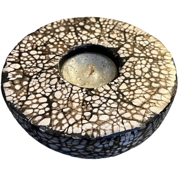 Heavy Ceramic Tealight Candle Holder Inlaid Eggshell Bohemian Boho 5" x 2.5 tall - Picture 1 of 10